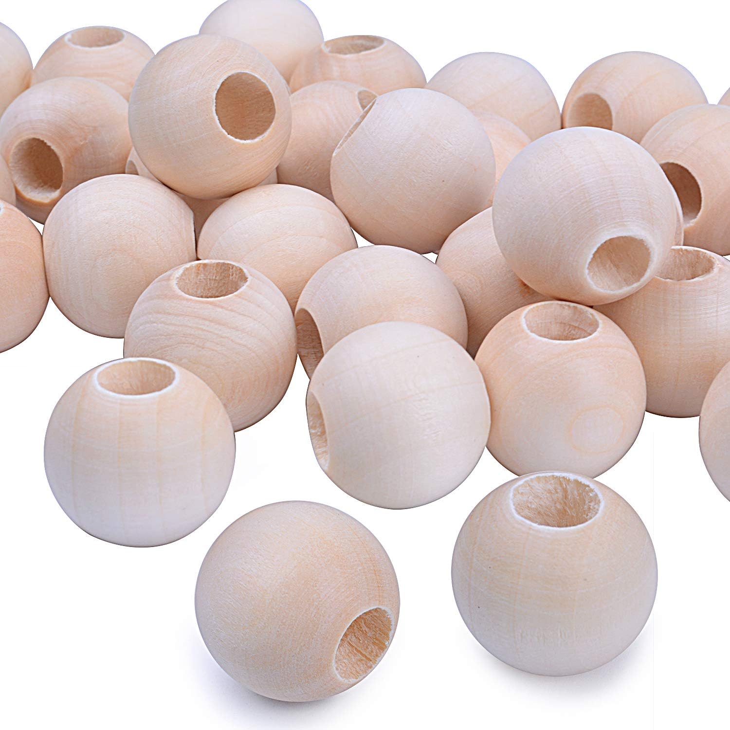 Jdesun 50 Pieces Wooden Beads, Natural Round Wood Loose Beads Wood Spacer 25mm x Diameter 3/8" Hole