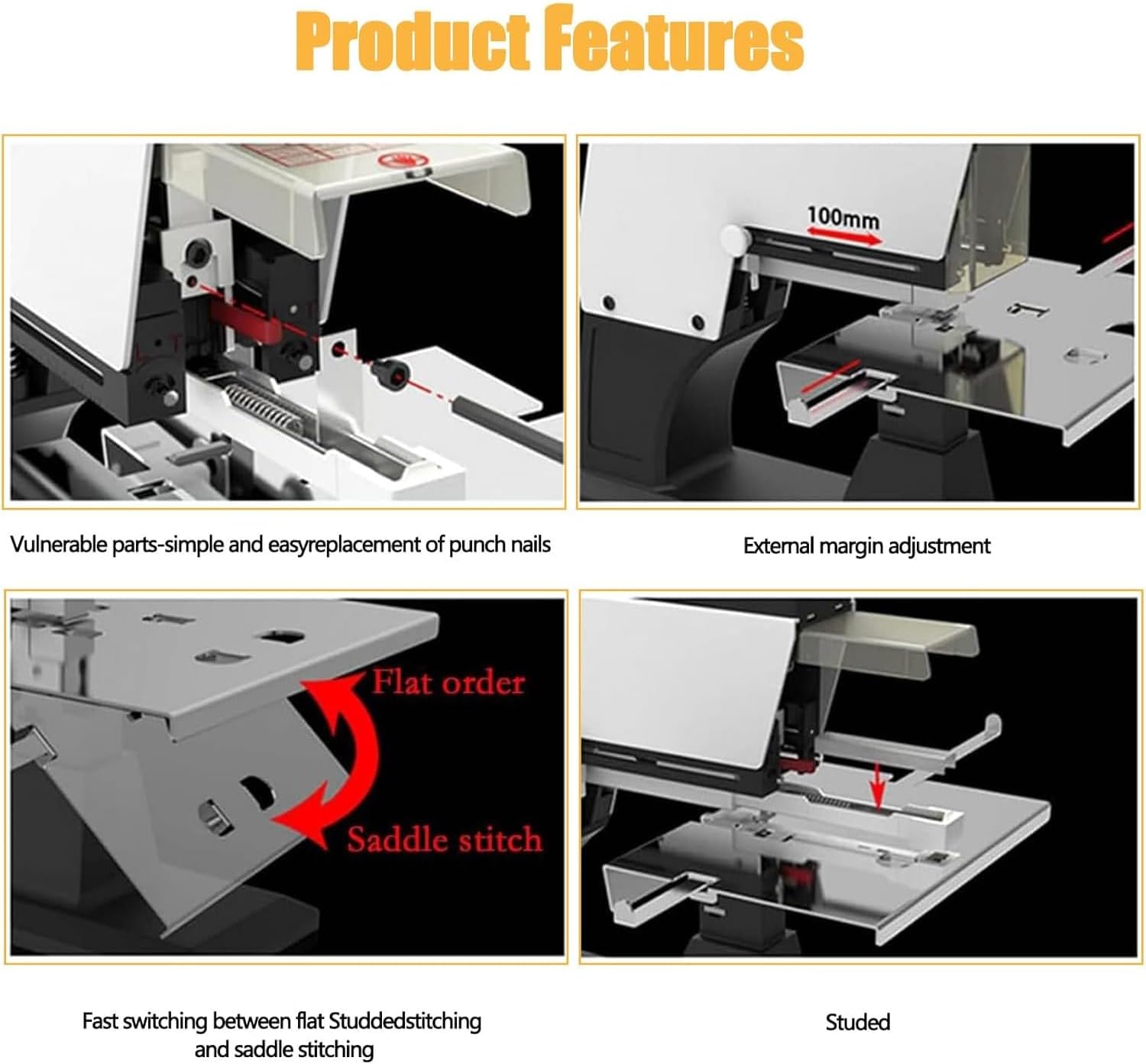 Electric Stapler, Flat Saddle Binder Stitcher Equipped With1~9 Levels Binding Pressure Knob, Foot Pedal Switch, Binding Thickness 30 Sheets, 100 Mm Nailing Depth for