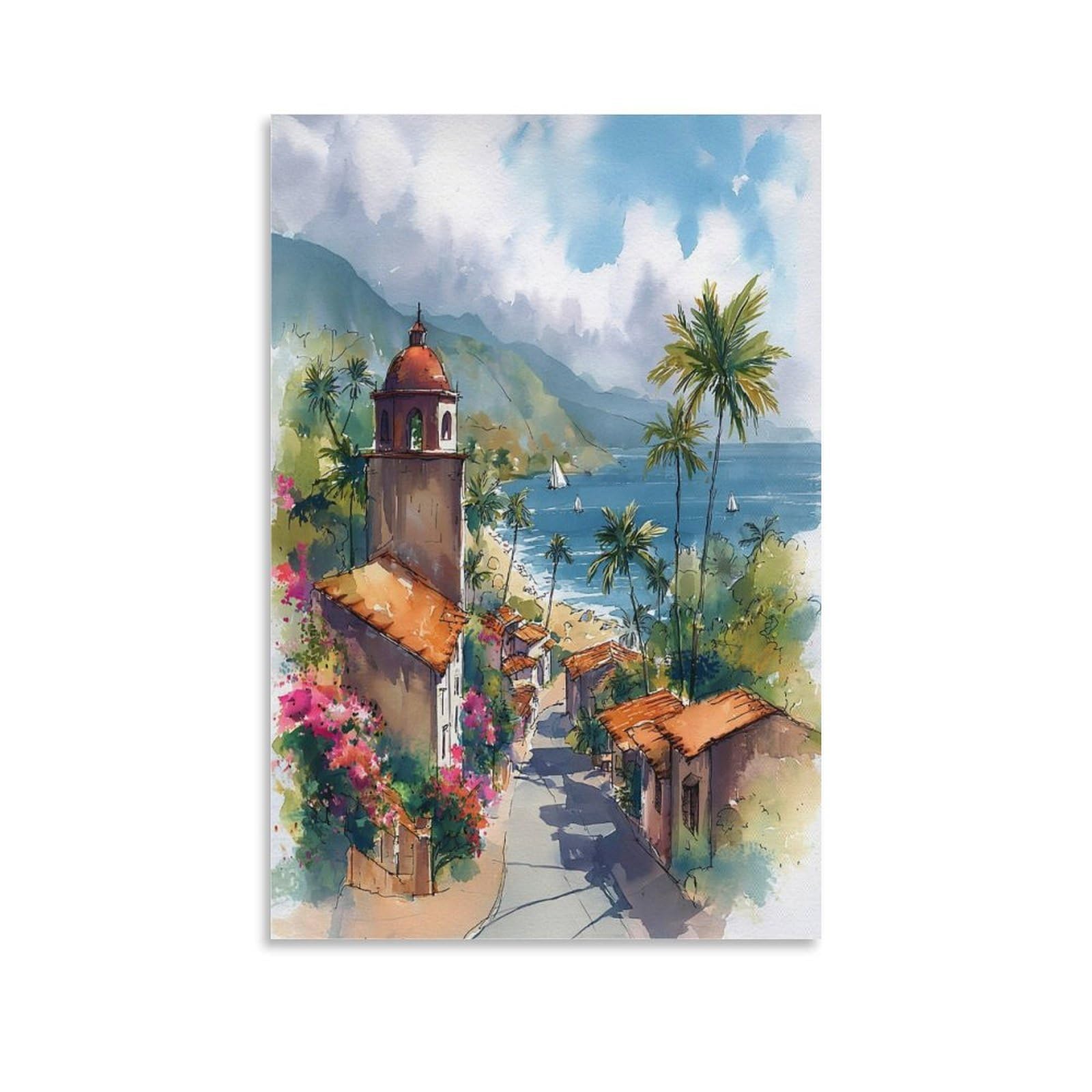 LCYNNH Puerto Vallarta 24x36inch(60x90cm) Vintage Travel Poster Watercolor Canvas Art