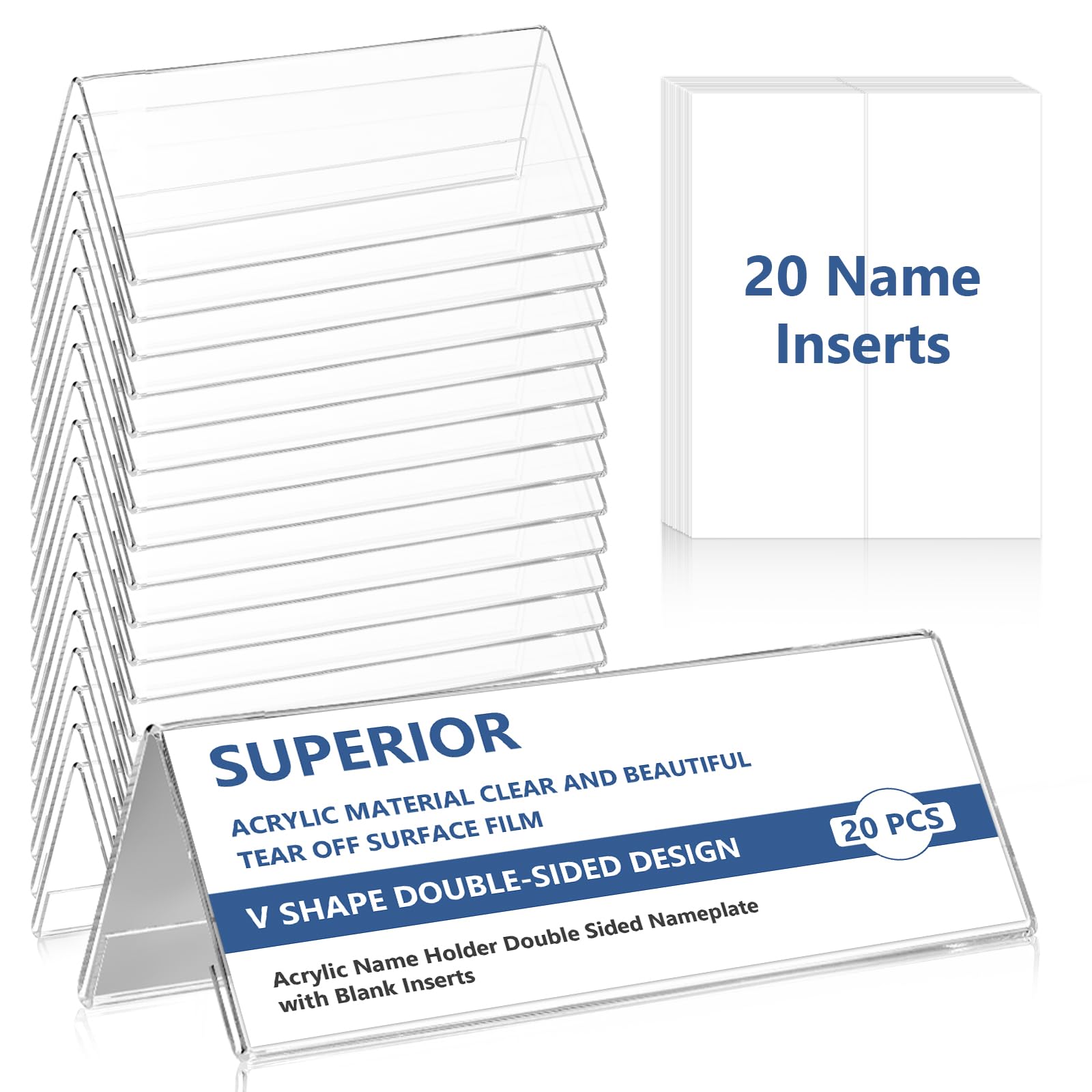 20 PCS Acrylic Table Name Place Holders with Blank Inserts 61x150mm Double Sided Transparent Display Stand for Office Desk Meeting Conference Wedding Place Cards Restaurant Table Numbers