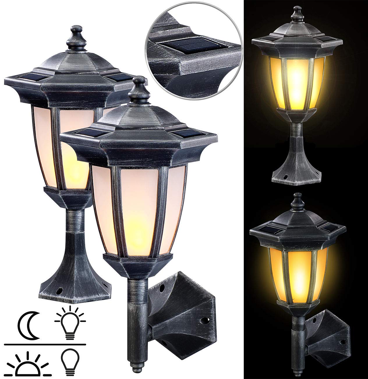 Lunartec Außenlampe: 2er-Set Solar-LED-Stand- & Wandlaternen mit Flammeneffekt, IP44 (Solarleuchte Gartendeko, Solarleuchte mit Flammeneffekt, Flamme)