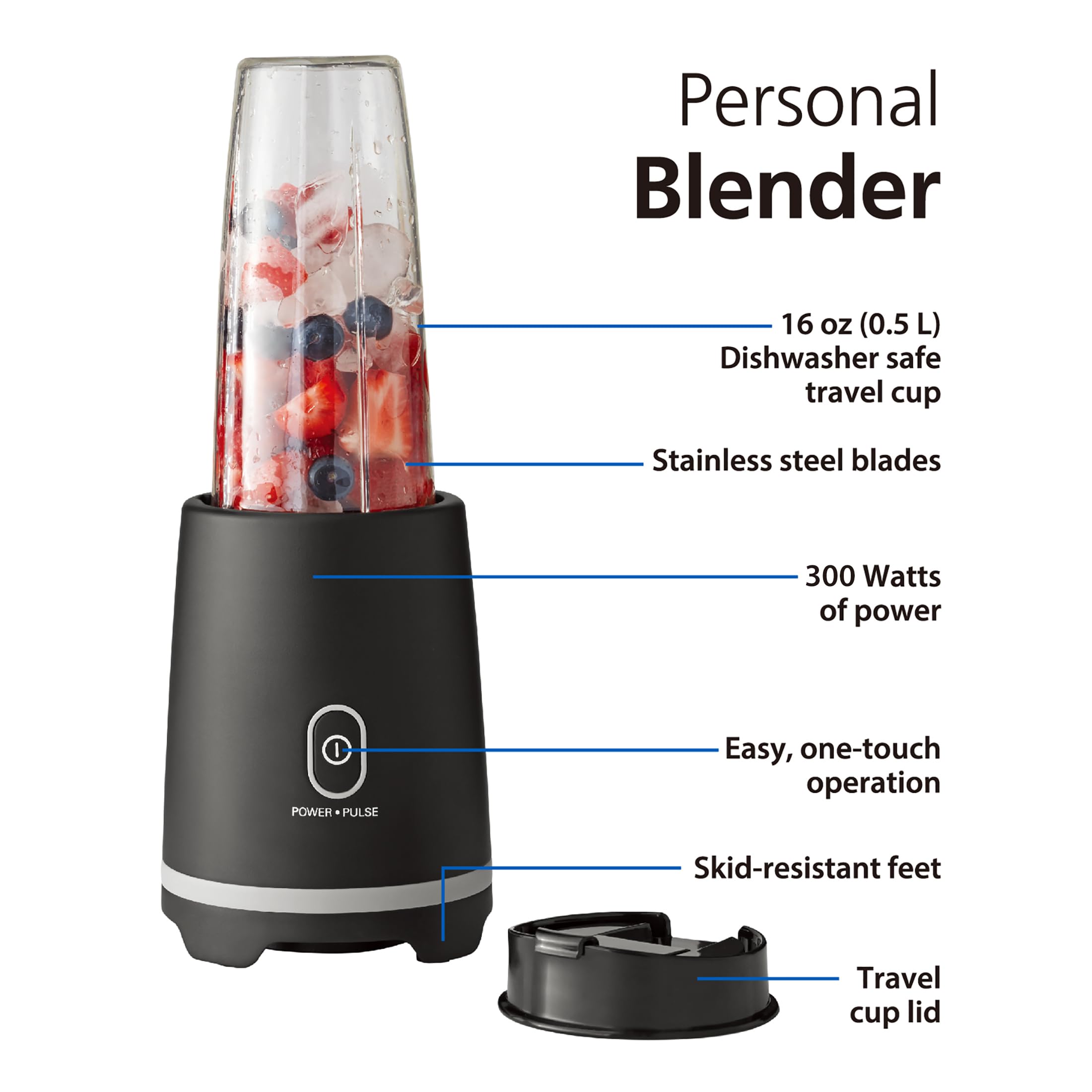 Black Single-Serve Blender With 1 Travel Lid, 16 Oz, New - This Electric Blender Features A Stainless-steel Blade For Fine Blending And Cleaning, Blender Jar Contains No BPA