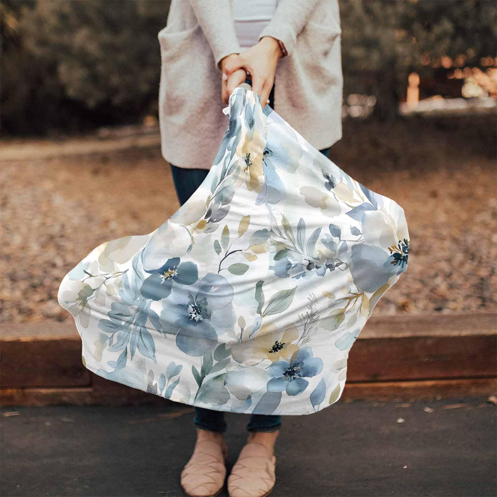 Yellow Boho Country Flowers Nursing Cover for Breastfeeding Scarf, Watercolor Blue Floral Baby Car Covers Super Soft Multi Use for Canopy Shopping Cart Cover Blanket Stroller Cover