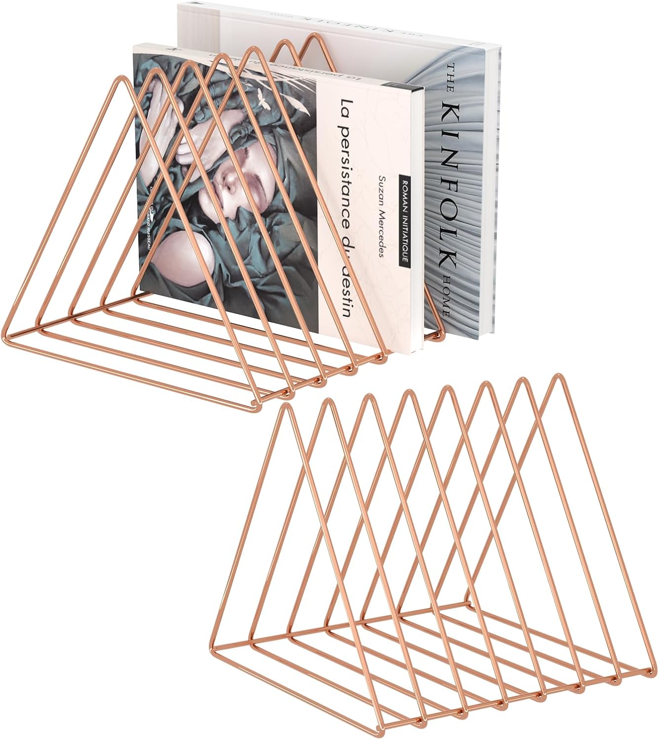 Urban Deco Triangle Desk Organizers Metal Wire Magazine Holder 7 Sections Decorative Vinyl Record Storage Office File Organizer For Desk – Rose Gold Magazine File Holder – 2 Pack