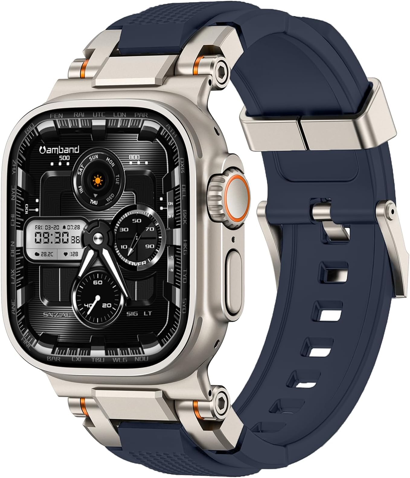 amBand Bands Compatible with Apple Watch Ultra 3/2/1 49mm, M1 Sport Series Rugged Durable Strap with Metal Connector to Match Ultra's Titanium Case for iWatch 49 mm Men Titanium/Navy Blue