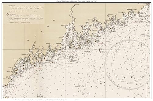 Casco Bay to Machias Bay 1935 Nautical Chart - Lighthouses and Beacons - Custom Reprint NOAA BA 50-52