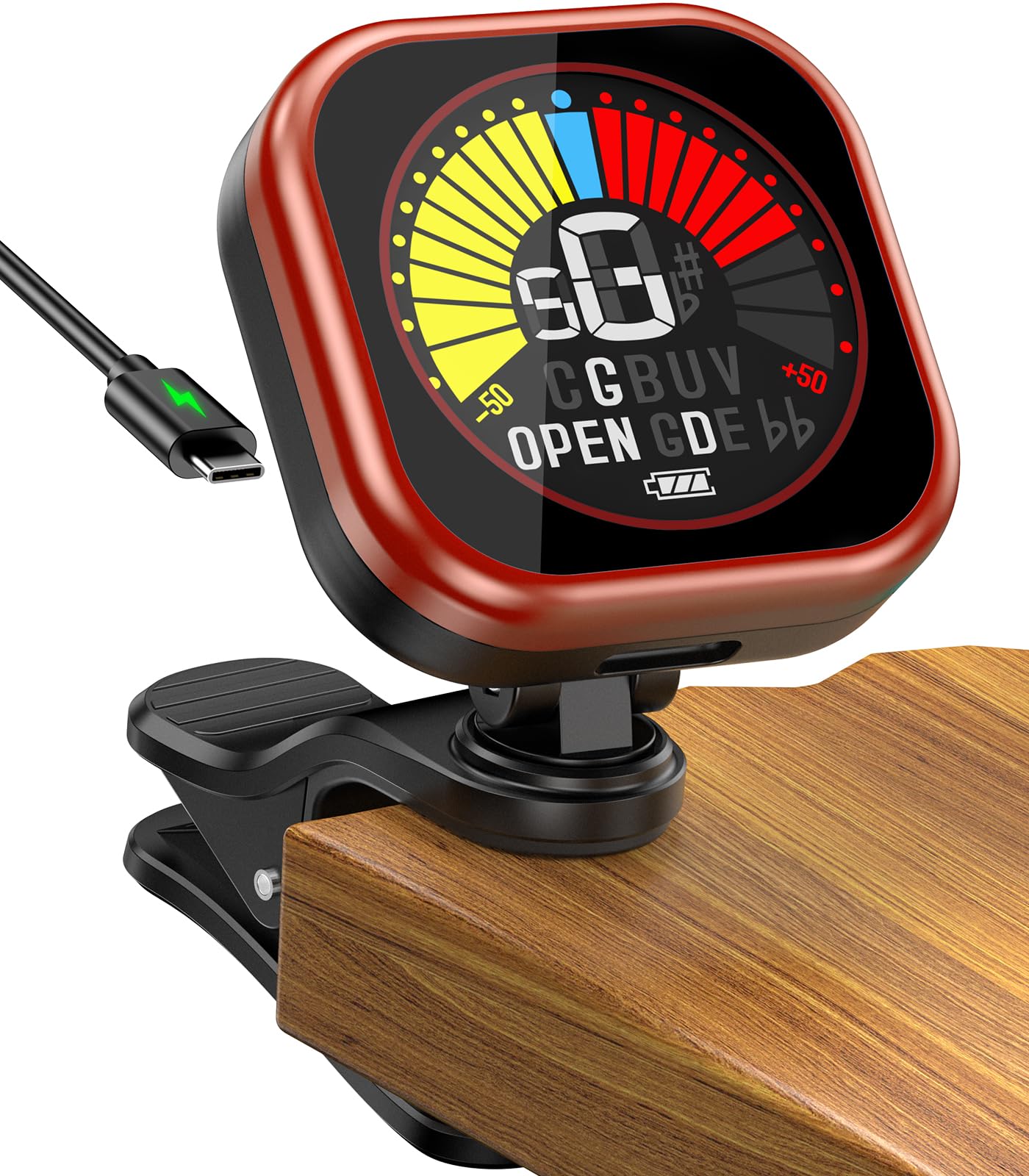 New Bee Guitar Tuner Clip-On Rechargeable with Color Screen 360° Rotatable Acoustic Chromatic Open Tuning for Guitar, Bass, Ukulele, Violin (Red, 1 Pack)