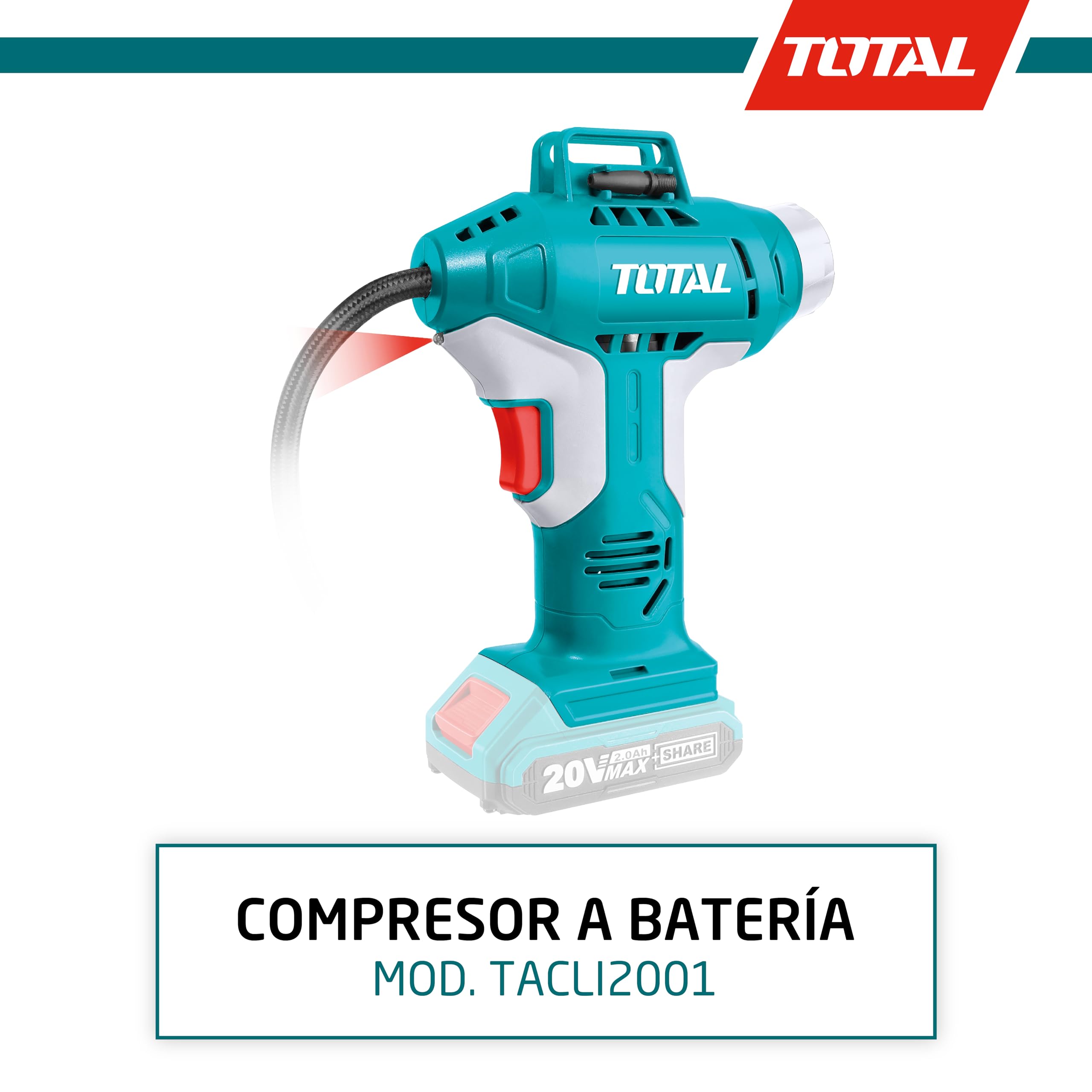 TOTAL - Pistola Compresor a Batería P20S de 20 V - Bomba de Aire Eléctrica para Inflar Neumáticos, Balones y Colchones- Máxima Presión de 150 Psi/10 Bar