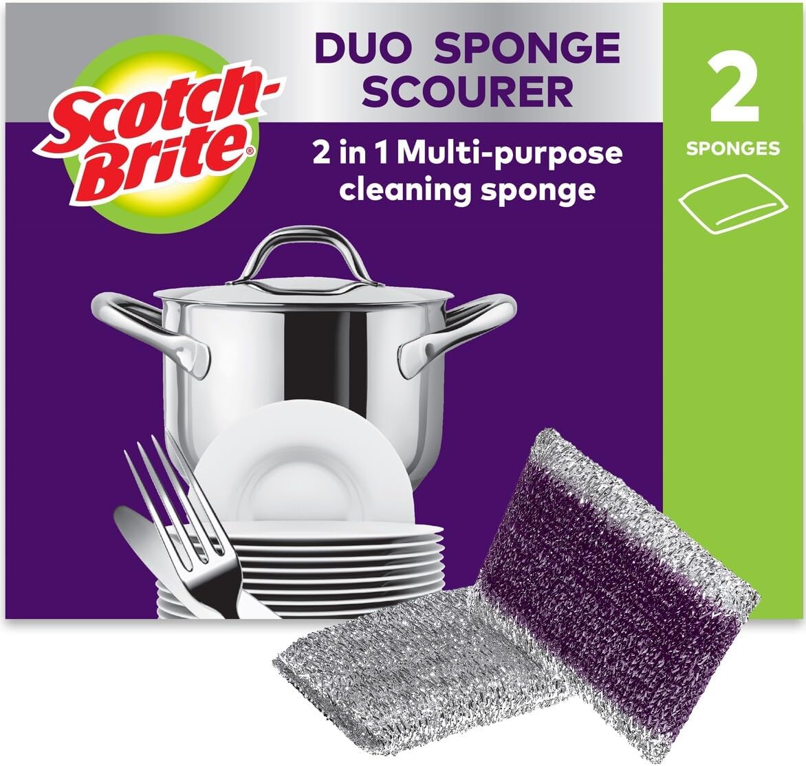 Scotch-Brite Non-Scratch Delicate Scrubber with Inner Sponge, 2 Pieces per Pack – Ideal for Cleaning Pots, Pans, Non-Stick Cookware, and Fragile Surfaces such as Glass