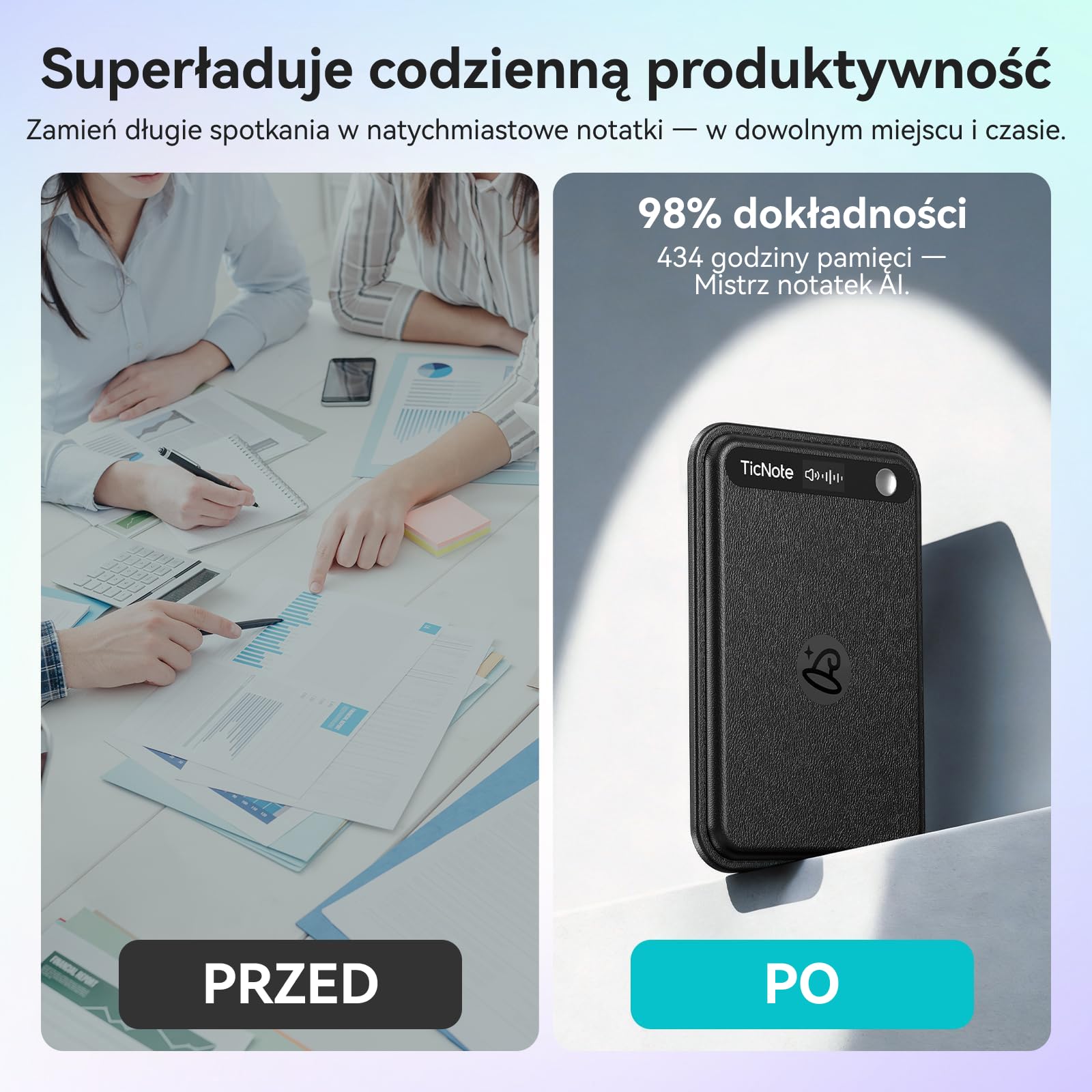 Mobvoi TicNote Lite Inteligentny Dyktafon AI, Notatnik AI z Natychmiastową Transkrypcją i Podsumowaniem, Sterowanie Aplikacją, 120+ Języków, Cień AI do Wykładów, Spotkań i Rozmów