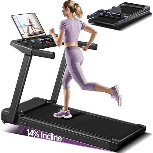 14% Incline Treadmill with Handle, 3-in-1 Portable Treadmills for Home and Office, Foldable Treadmills with 300 Lbs Weight Capacity, 3.0HP Quiet Walking Pad Treadmill, Three Touch Screen