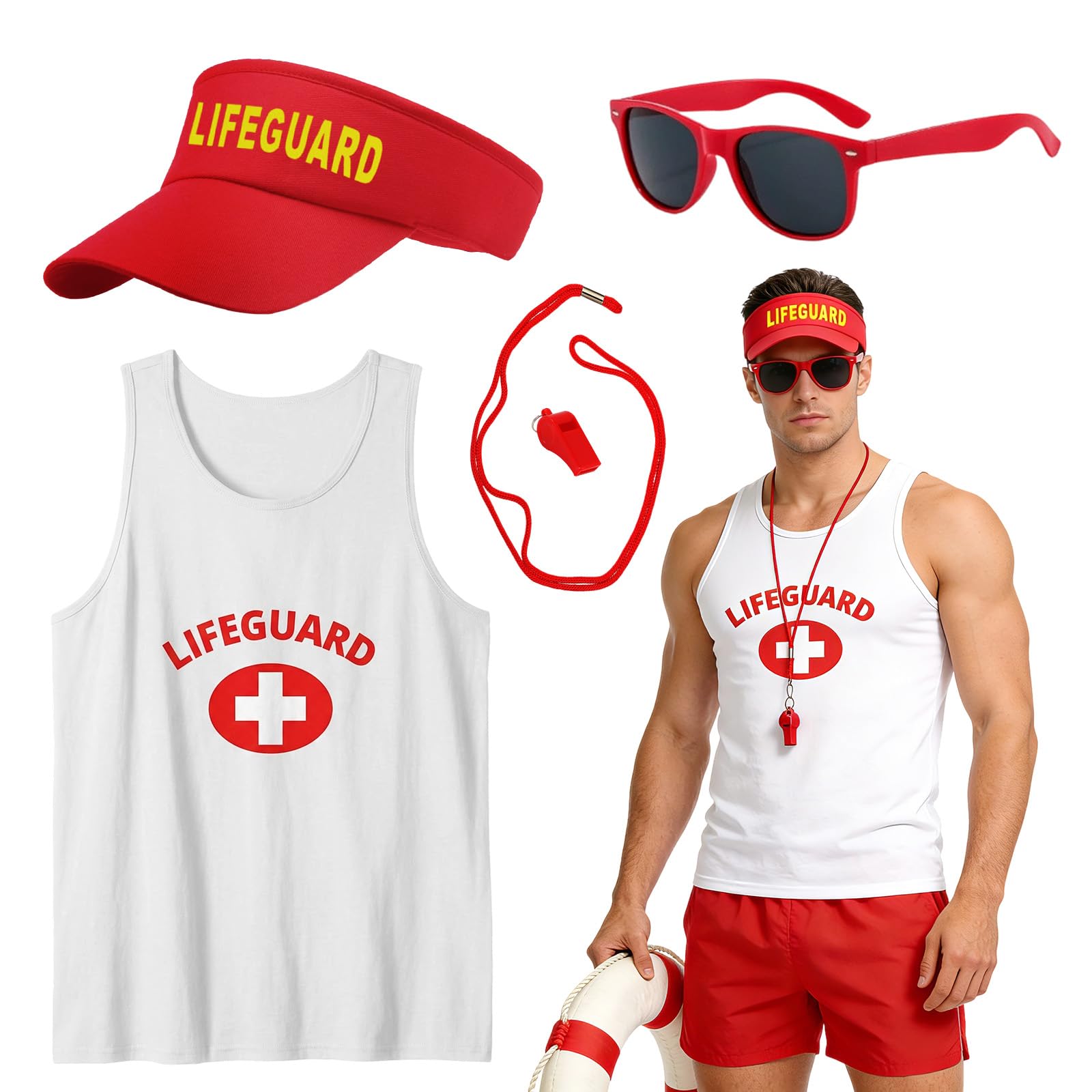 UxClishe 4 Pcs Lifeguard Costume Set, Life Guard Baywatch Fancy Dress Outfit with Vest Hat Sunglasses Whistle for Adults Pool Party Beach Guard Accessories Kit Festival Halloween Cosplay