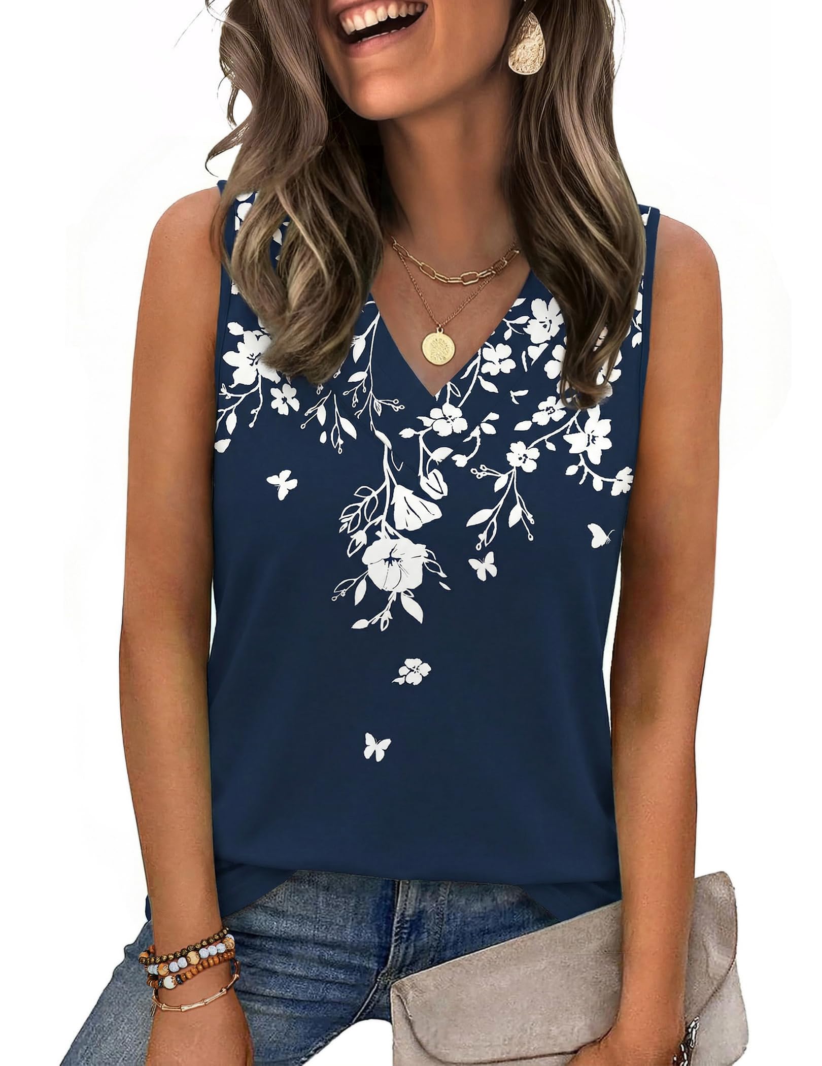 Zeagoo Plus Size Summer Tops Loose Fit Sleeveless Shirts V Neck Summer Clothes Women's Tees and Tanks Straight Hem