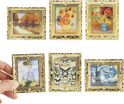 Odoria Dollhouse Wall Art Miniature 1/12 Scale Framed Picture Vintage - Mini Painting Golden Antique for Gallery - Tiny Artwork Van Gogh Monet 6Pcs