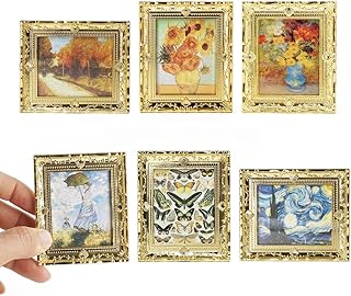 Odoria Dollhouse Wall Art Miniature: 1/12 Scale Framed Picture Vintage - Mini Painting Golden Antique for Gallery - Tiny Artwork Van Gogh Monet 6Pcs