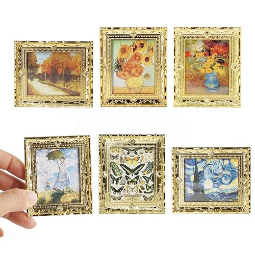 Odoria Dollhouse Wall Art Miniature: 1/12 Scale Framed Picture Vintage - Mini Painting Golden Antique for Gallery - Tiny Artwork Van Gogh Monet 6Pcs