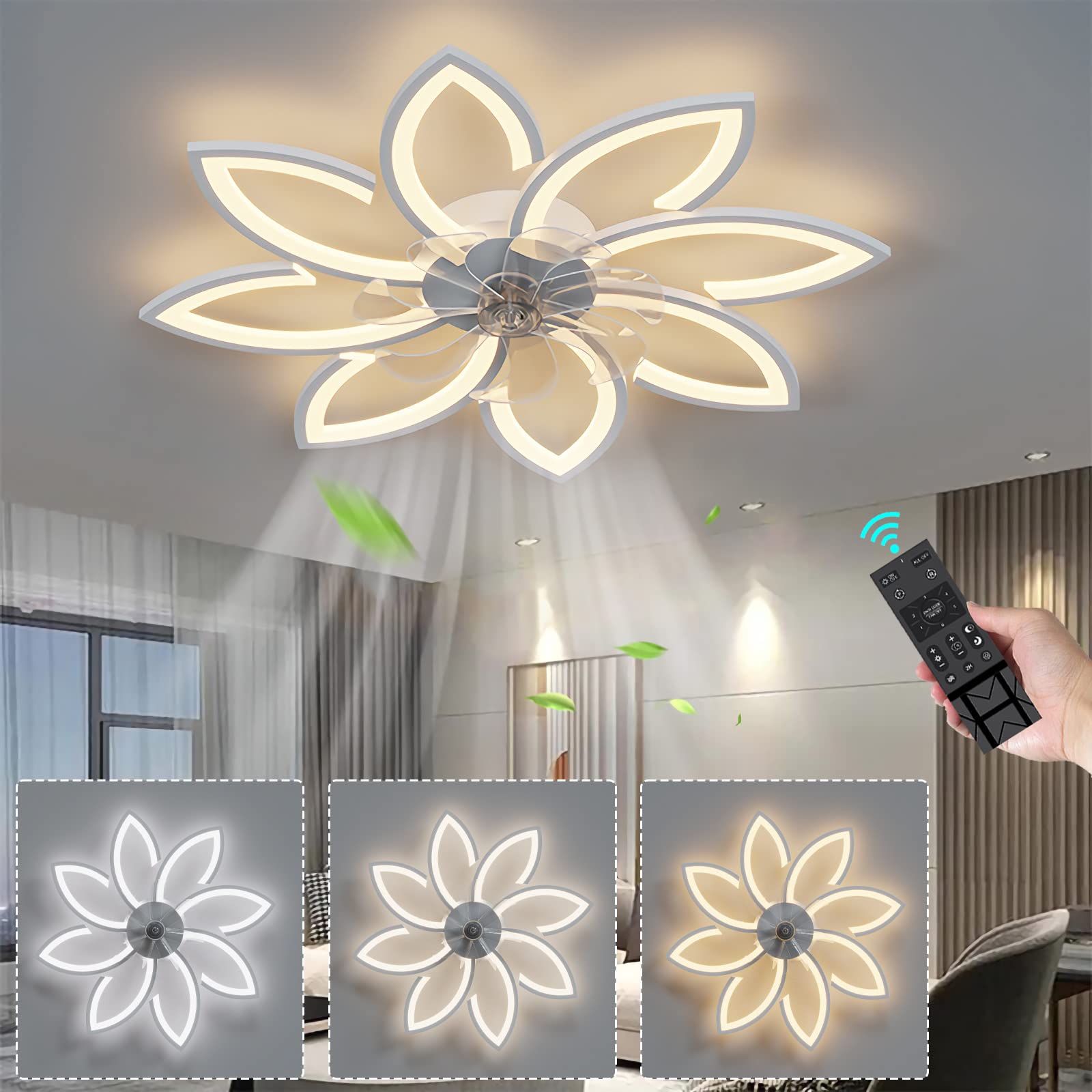 ycwdcz 78CM Ceiling Fan with Light and Timer Bedroom LED Dimmable Flower Ceiling Light with Remote Control 6 Speed DC Motor Winter and Summer Reversible Silent Ceiling Fans with Lamps-White||90CM