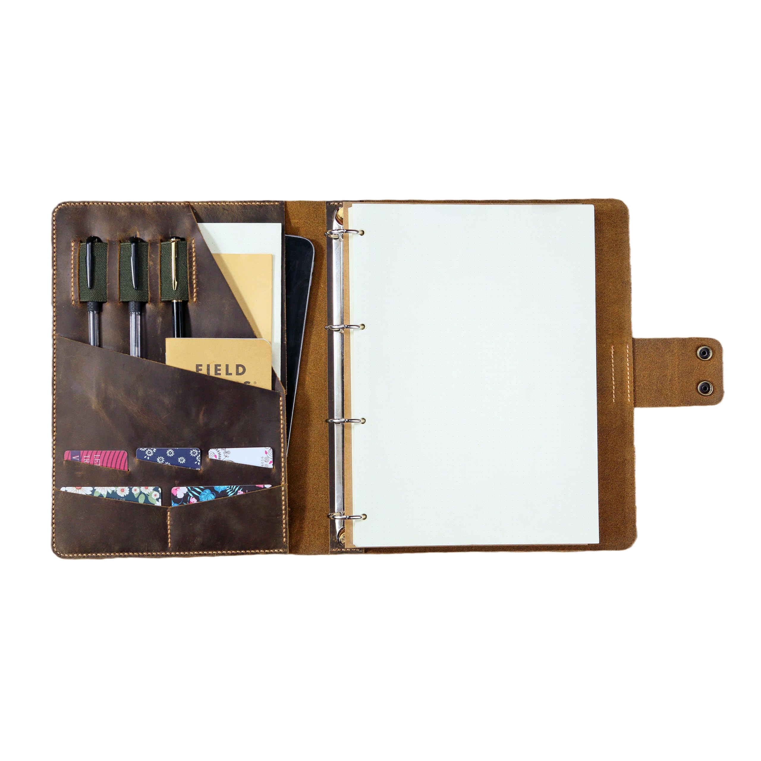 Vintage A4 Leder-Portfolio mit 4-Ring-Mechanik, handgenähte Schreibmappe aus vollnarbigem braunem Leder, Organizer mit Fächern, personalisierbar – Präsentationsmappe fürs Büro & Studium