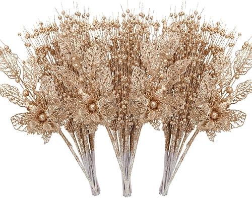 Vista 30 de ROSELEAF 28 Pack Christmas Tree Ornaments, Artificial Glitter Berry and Flowers Stem Silver Branches Picks for Xmas Tree Decoration Gift Small Vase