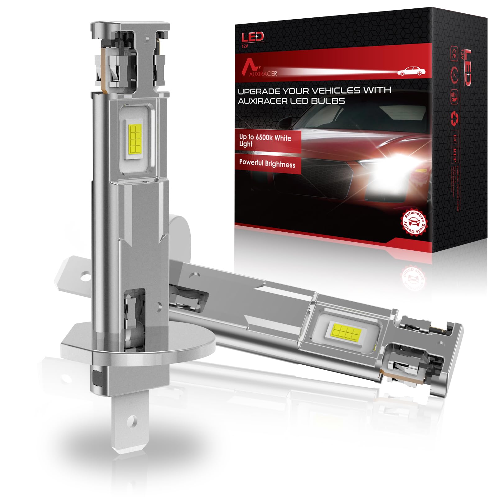 AUXIRACER H1 LED Bombillas, Brillante Blanco Frío Bombillas Faro LED H1, 500% Más 22000LM 6500K Blanco 12V, Tamaño Mini 1:1 Plug and Play, 2 piezas