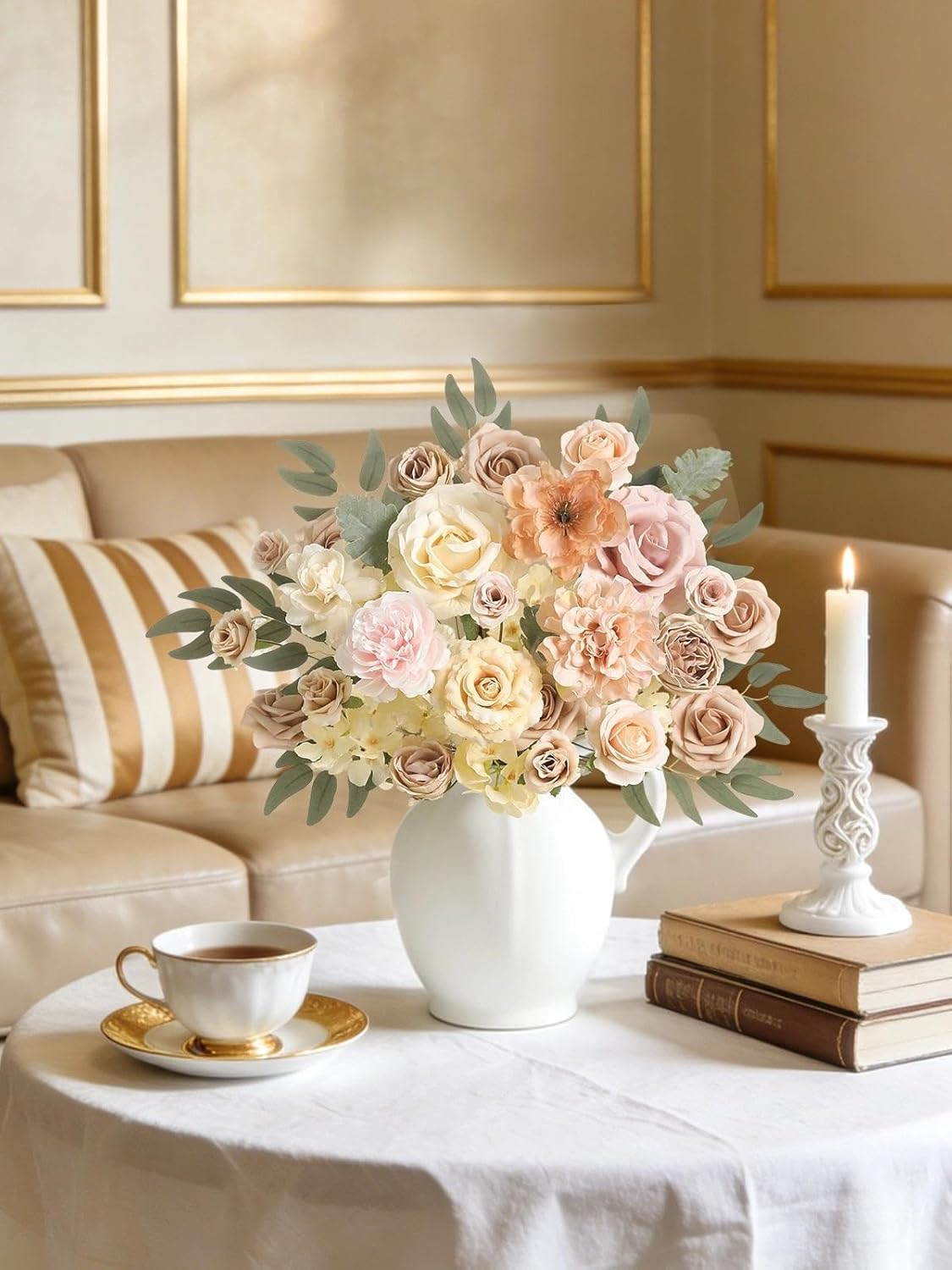 Artificial Flowers Combo Champagne Fake Roses Silk Flowers with Stems for DIY Wedding Bridal Bouquets Floral Arrangement Table Centerpieces Cake Birthday Baby Shower Anniversary Home Decor