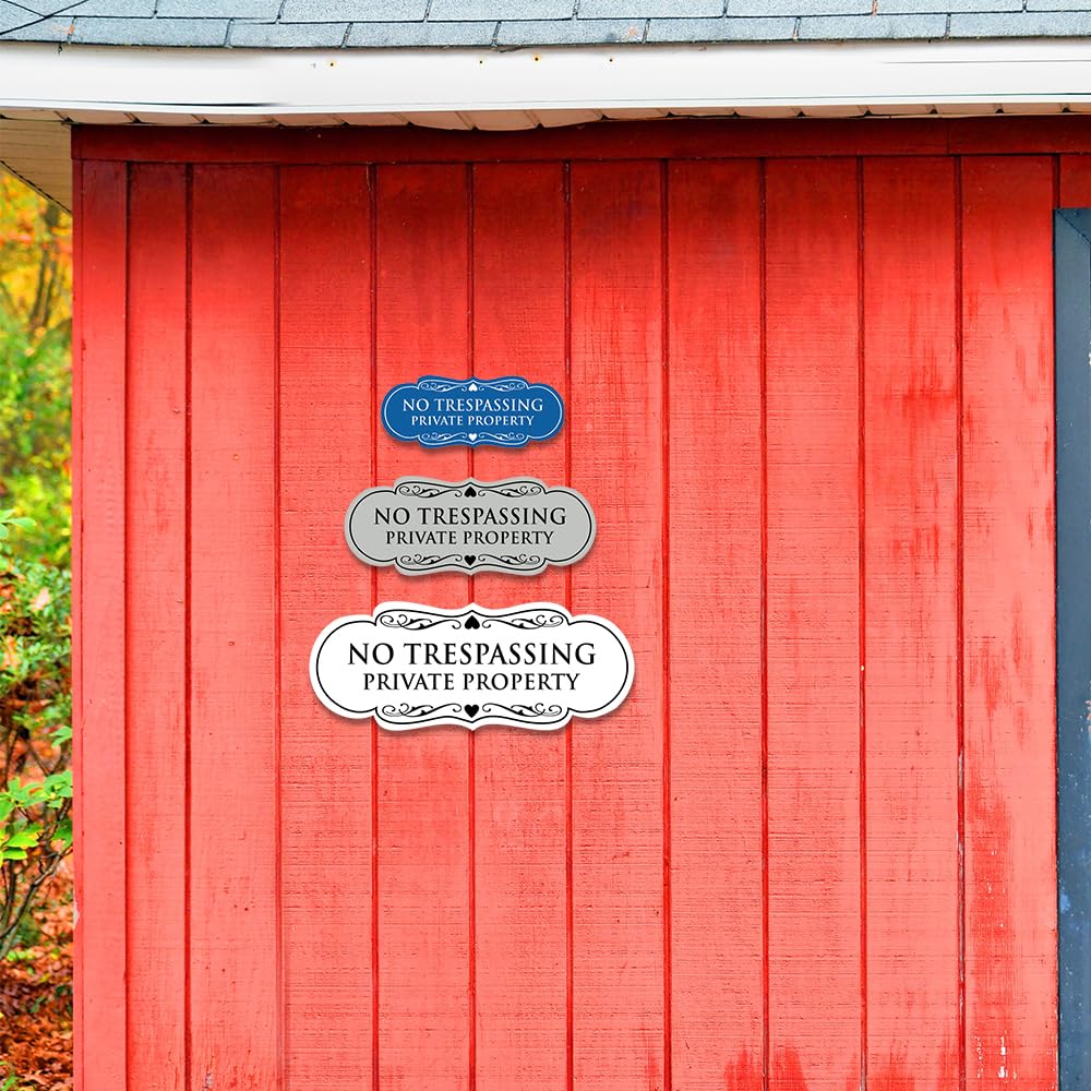 Signs ByLITA Lot de 10 panneaux muraux ou de porte « No Trespassing Private Property » | Matériau durable et installation facile | Panneau de sécurité pour propriété (noir/argent)