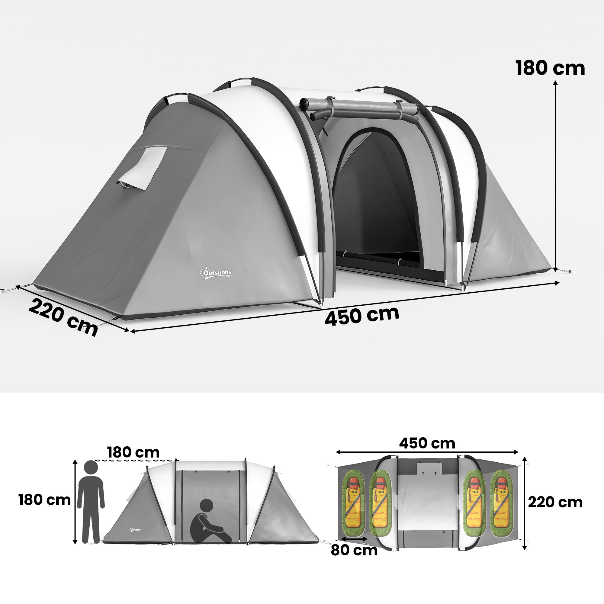 Outsunny Campingzelt für 4-5 Personen leicht wasserabweisend Familienzelt mit 2 Zimmer Seitentür Fenster, Zelt mit 3000mm Wassersäule Tunnelzelt Kuppelzelt für Camping Reise Garten