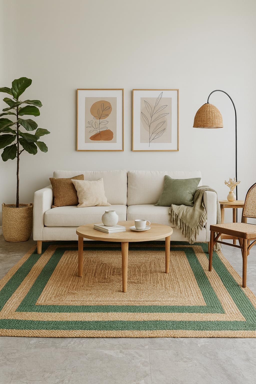 Tapis en jute tressé main rectangulaire au design végétal raffiné