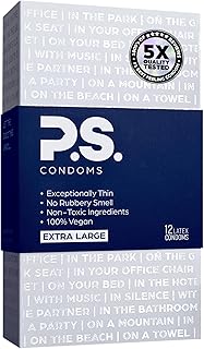PS Condoms Extra Large Latex Condoms for Men - Odorless and 100% Vegan - Exceptionally Thin, Lubricated, and Clear Condoms - XL 12 Pack