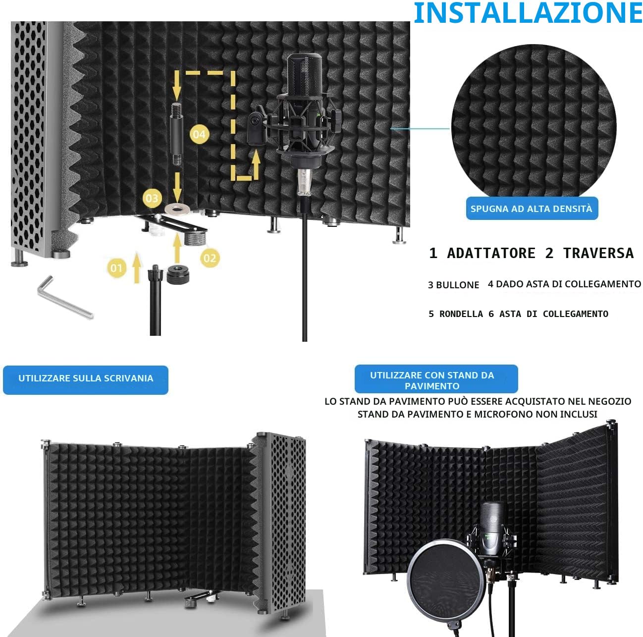 Depusheng W89 Scudo di isolamento per microfono pieghevole Registrazione in studio Trasmissione in diretta Filtro pop a 5 pannelli Isolatore per microfono ad alta densità regolabile