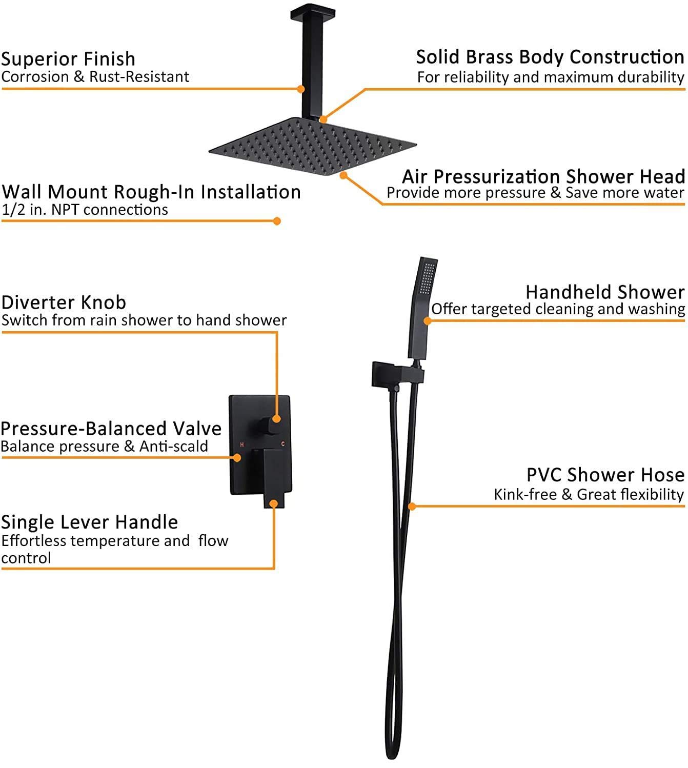 Homary Contemporary Matte Black 12" Rain Shower Set Square Shower Combo