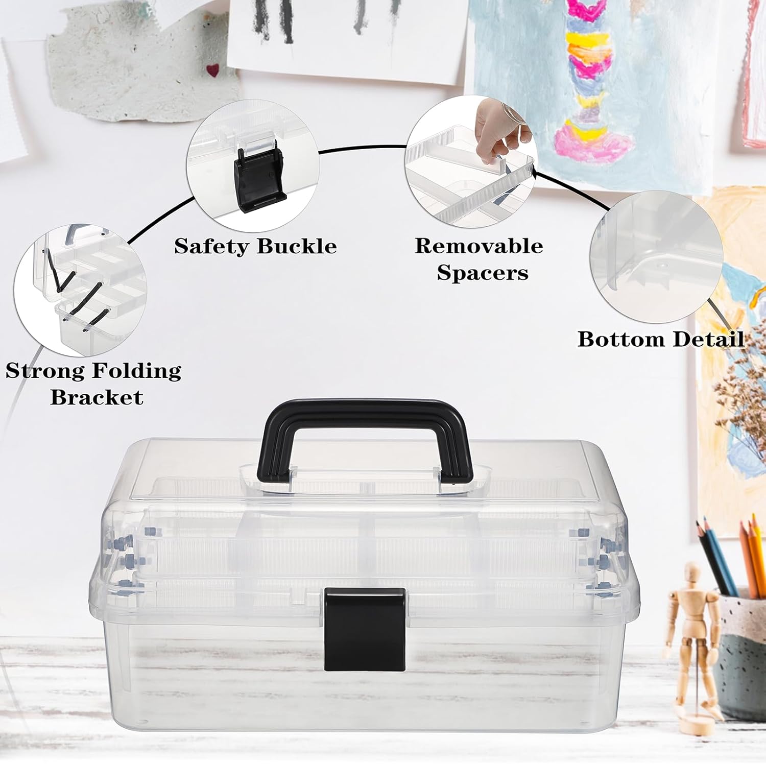 BTSKY 3-Layer Clear Plastic Dividing Storage Box Craft Organizer and Storage with Adjustable Spacers Portable Handled Art Supply Organizer Multipurpose Home Utility Box Sewing Organizers(Clear+Black)