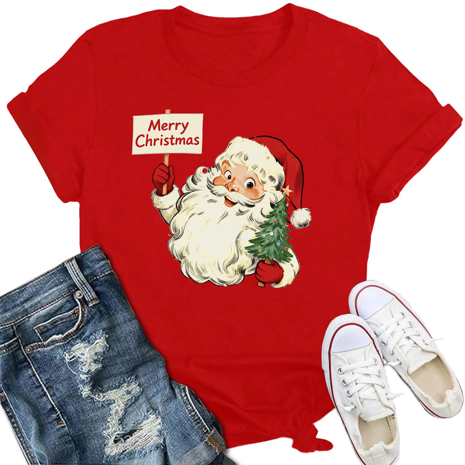IFQ Womens Christmas Shirts Retro Santa Claus Merry Xmas Tree Snowflake Tee | Great for holiday parties, family dinners, Christmas photo shoots, gift exchanges and casual holiday outings