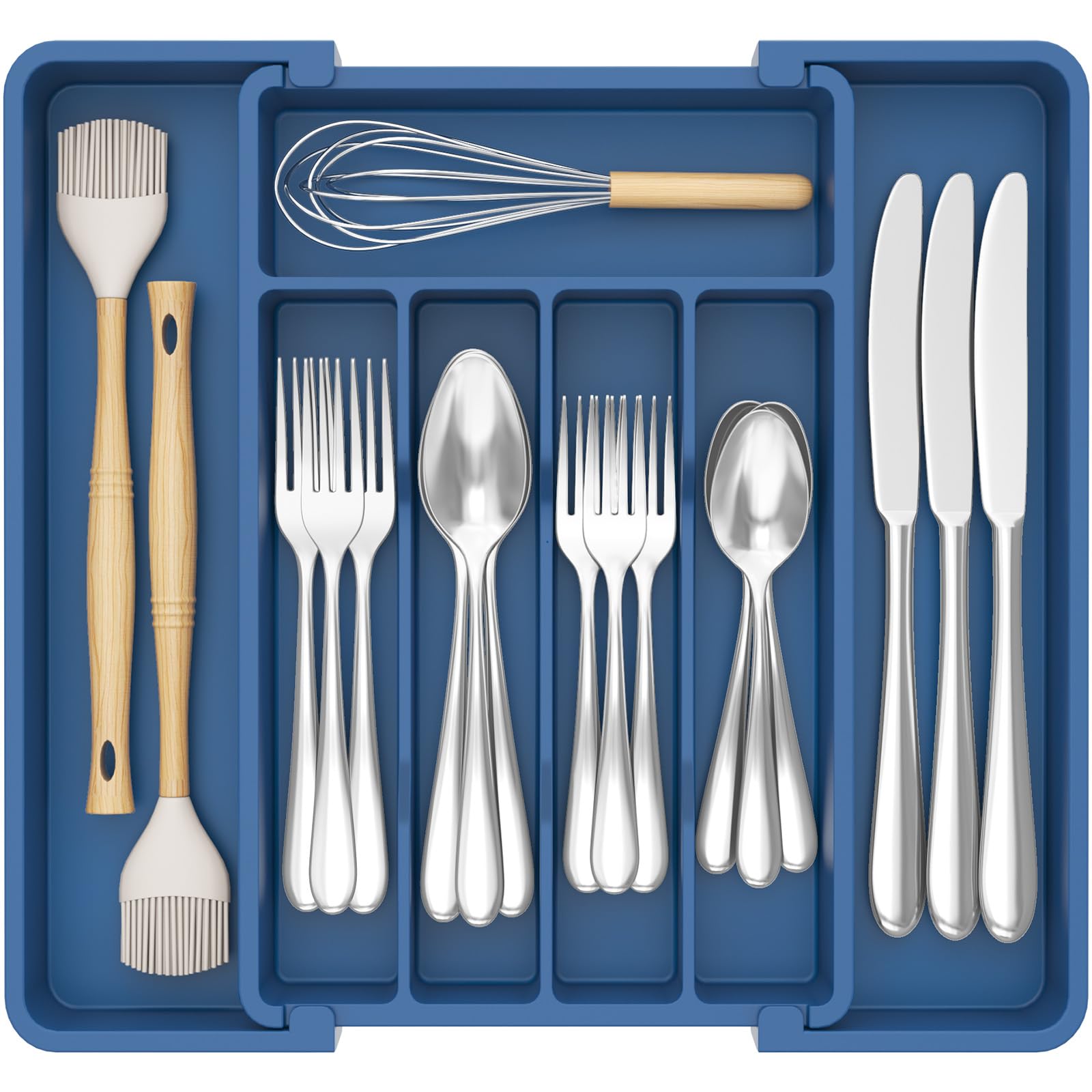 Lifewit Cutlery Drawer Organiser, Extendable Cutlery Tray, 7 Compartments, Kitchen Drawer Organiser Utensil Spoons Forks Knives, Small, Dark Blue