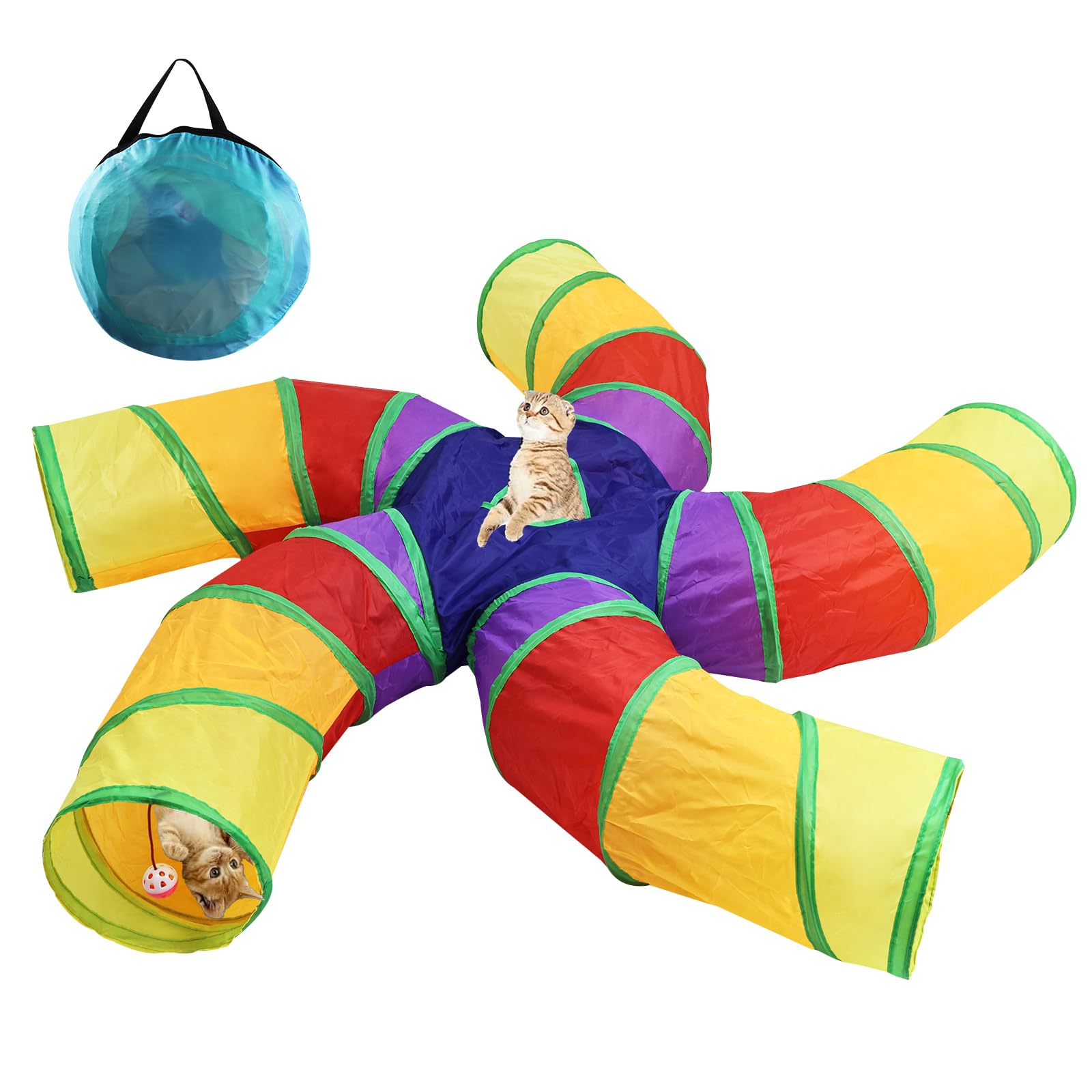 Homtone Cat Tunnel 5-Way, Collapsible Kitten Play Tunnel with Storage Bag, Large Cat Tunnels for Indoor/Outdoor Cats, Kitten, Puppy, Rabbit, Guinea Pig (Rainbow)