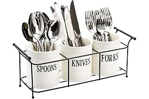 Bekith 3-Piece Flatware Set with Caddy - White Ceramic and Black Metal Rack
