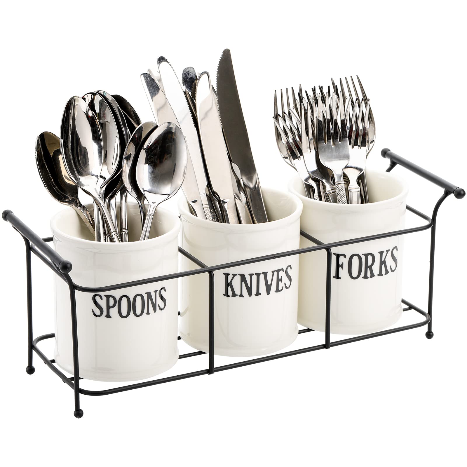 Set 3 Portaposate In Ceramica Con Base Metallo Dorato - Organizer Cucina Multiuso