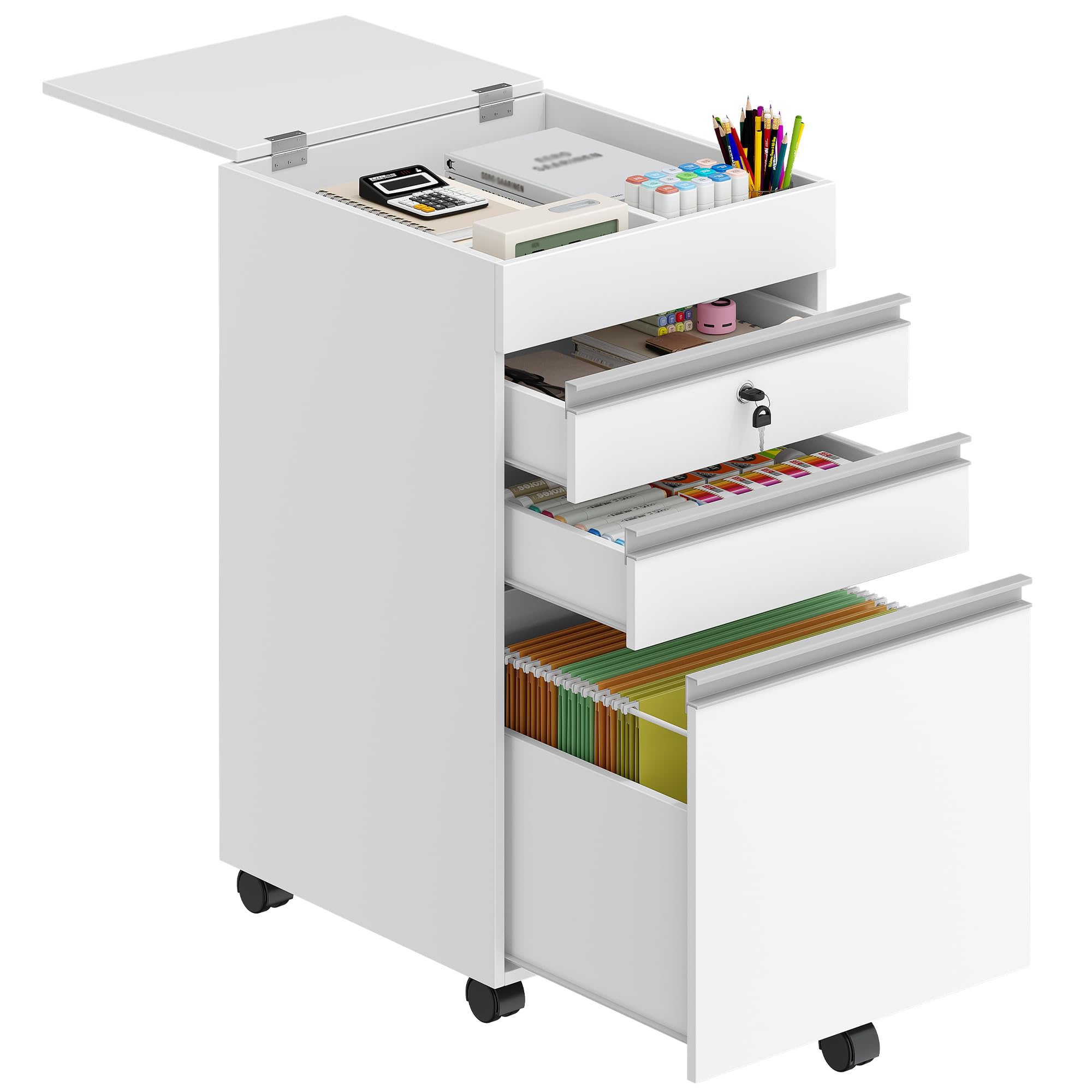 Hzuaneri Cajonera Escritorio, Archivador Móvil con Ruedas, 3 Cajones, para Estudio, Oficina, 40 x 40 x 70 cm, Blanco FC41003X