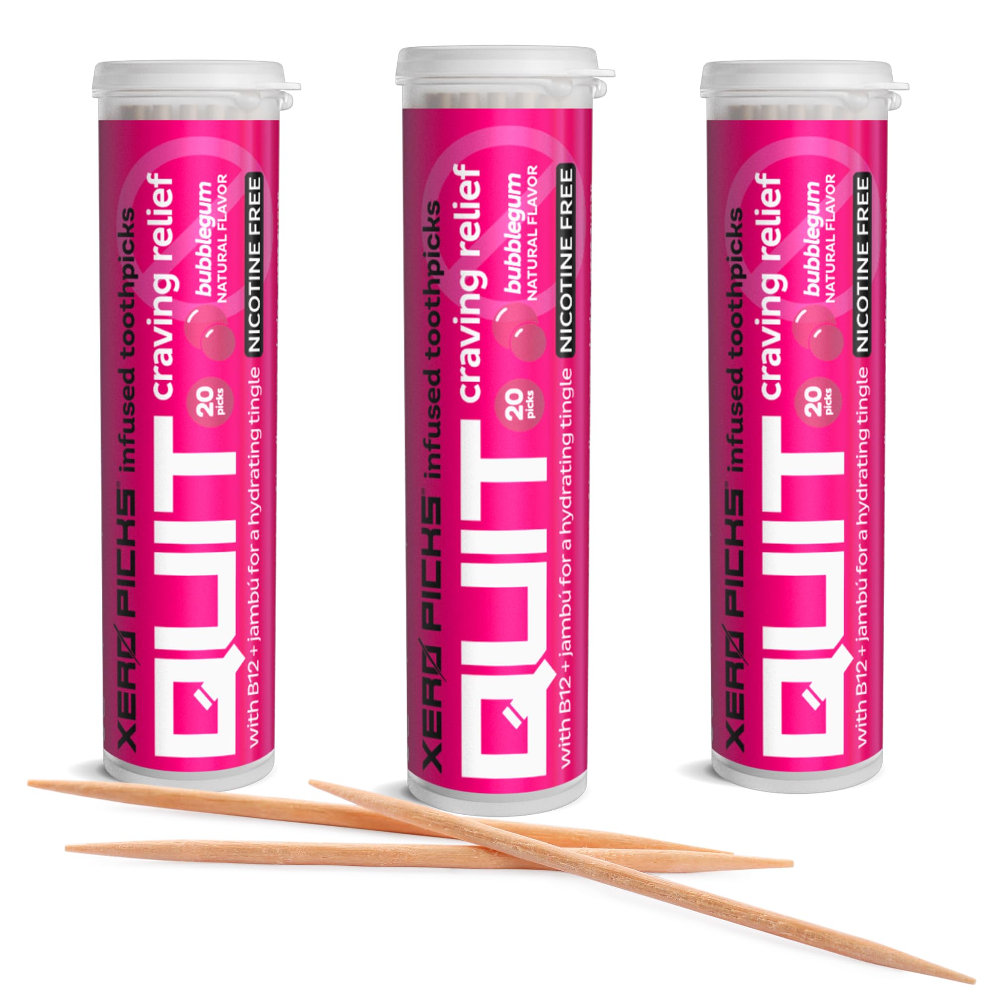 Xero Picks Quit Infused Flavored Toothpicks to Help Quit Smoking (Pack of 3), Bubble Gum) Non-GMO Kosher Vegan