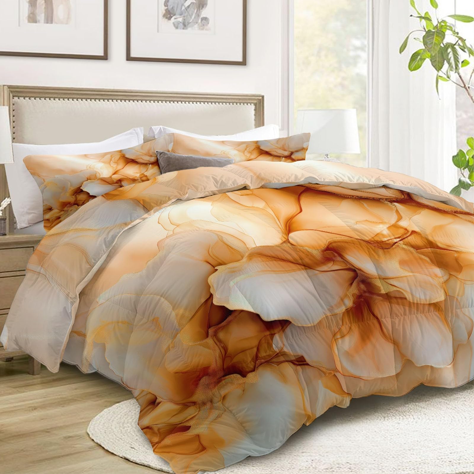 Trapunta Matrimoniale o Singola Stampa 3D 260x240 cm Marmo consistenza Trapunta Set 3 Pezzi con 2 Federe, Piumone Letto 4 Stagioni Trapuntino Traspirante Morbida