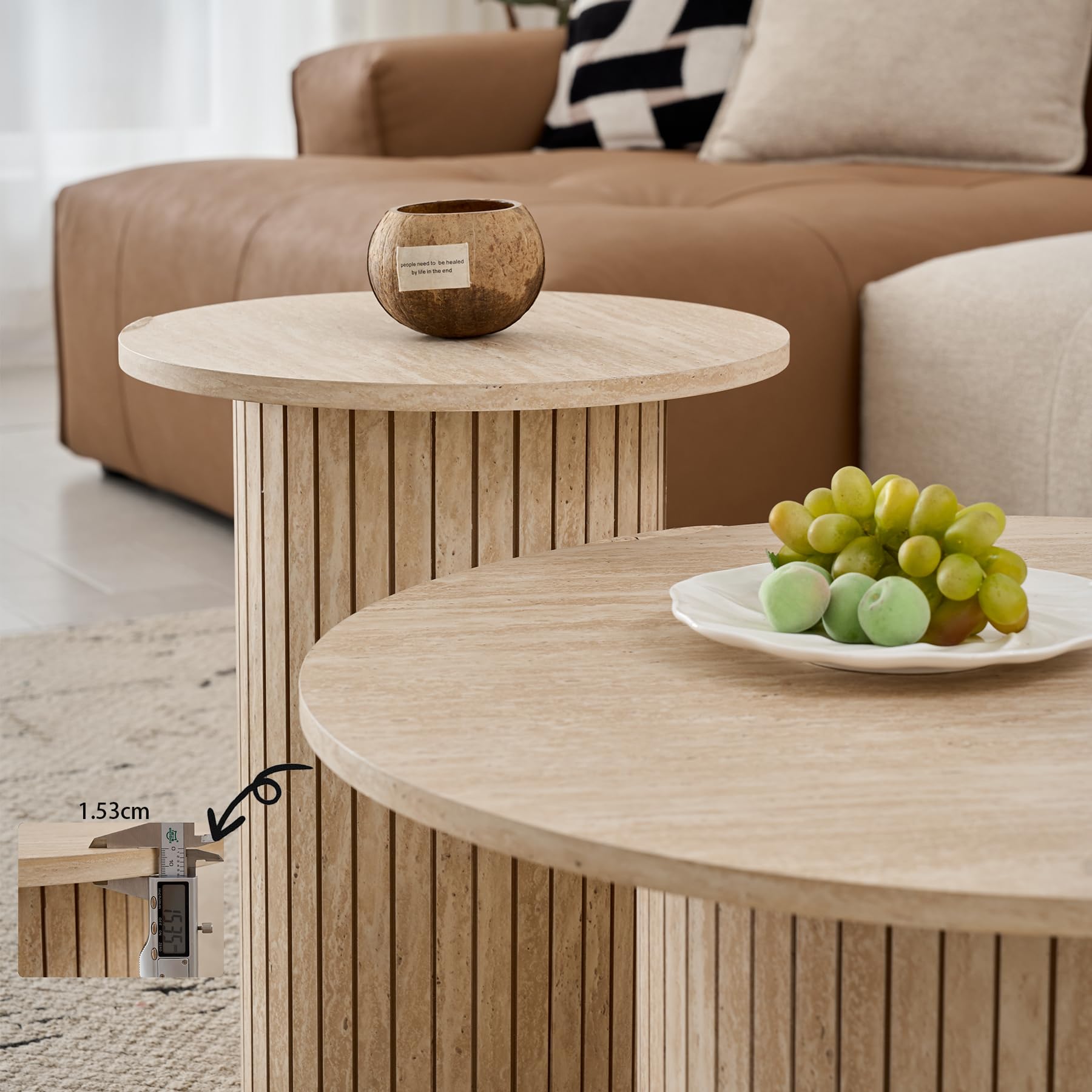 Lot de 2 Tables Basses Rondes en Bois, Table D'appoint Moderne avec Base à Colonne Romaine pour Salon, Balcon et Chambre (Travertin Jaune)