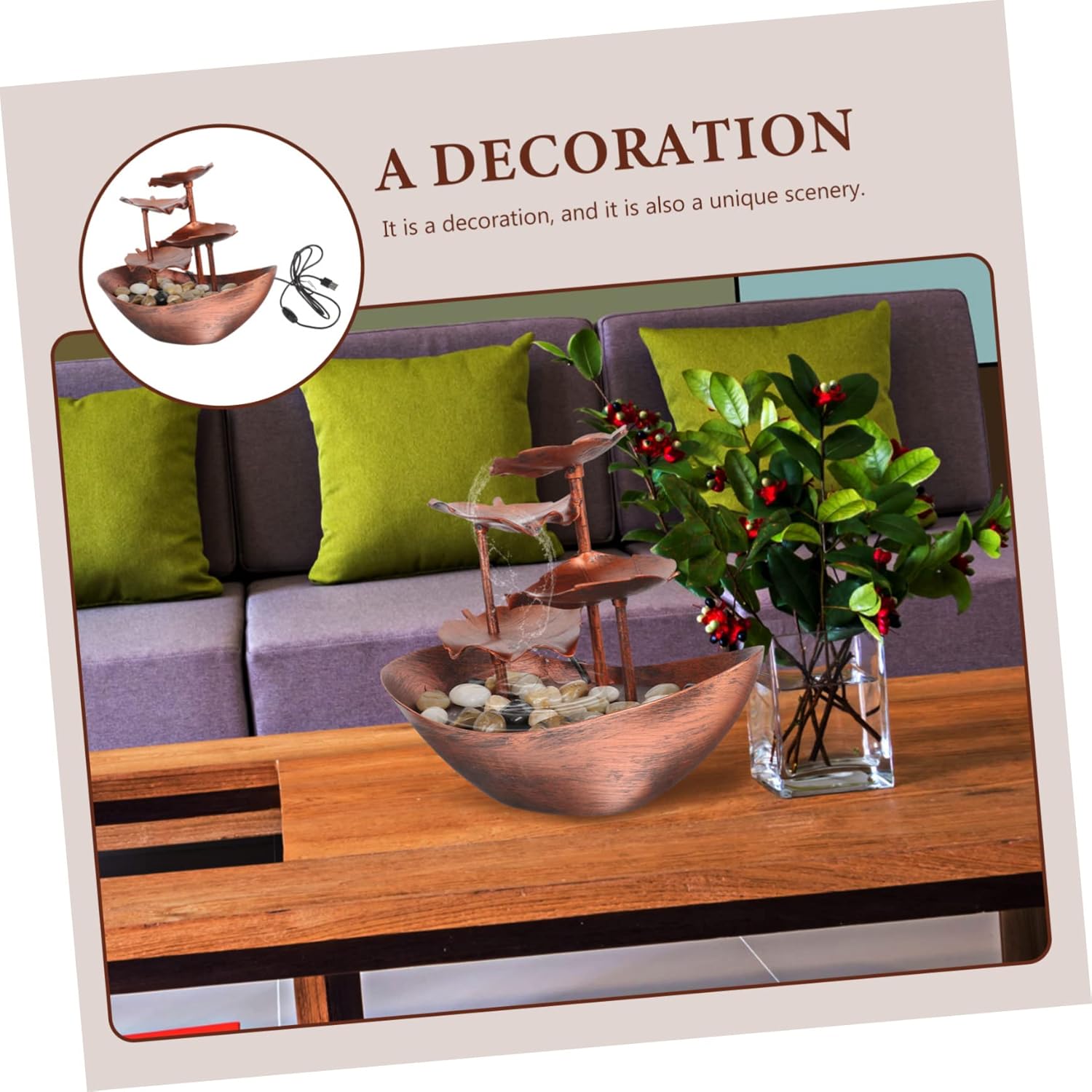 Indoor Water Fountain LED Night Light Creative Lotus Leaf Ingot Decor Antique Copper Tabletop Waterfall Ornament for Relaxation and Home Decoration