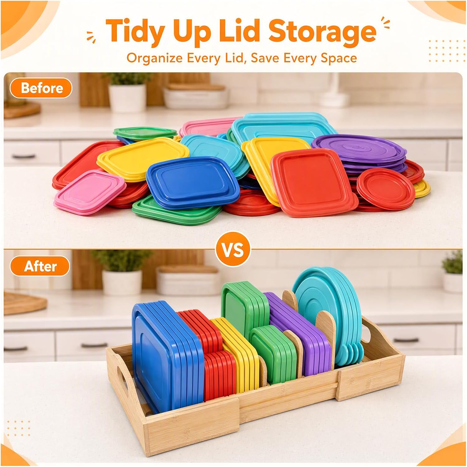 CLEANGOR Adjustable Expandable Bamboo Pot Lid Organizer, Anti-Slip Rack for Lids & Cutting Boards, Kitchen Cabinet Drawer Storage(Large)
