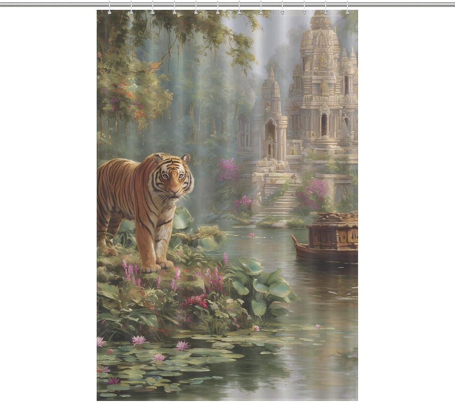Tiger Temple Boat Water Lilies Fabric Shower Curtain Liner Bath Bathroom | machine washable,with 12 hooks,stainless steel grommets,room divider
