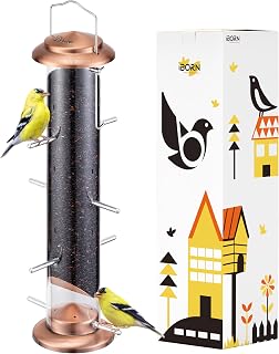 iBorn Nyjer & Thistle Bird Feeder for Outdoors Hanging，Finch Feeders for Outside，Metal Tube Bird Feeder 14 Inch with 12 Small Ports,8 Metal Perches,Copper