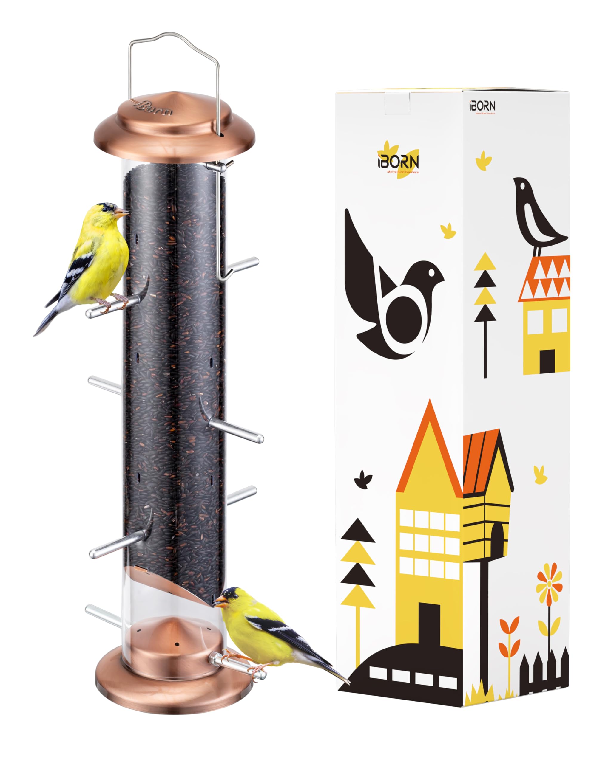 iBorn Nyjer & Thistle Bird Feeder for Outdoors Hanging，Finch Feeders for Outside，Metal Tube Bird Feeder 14 Inch with 12 Small Ports,8 Metal Perches,Copper