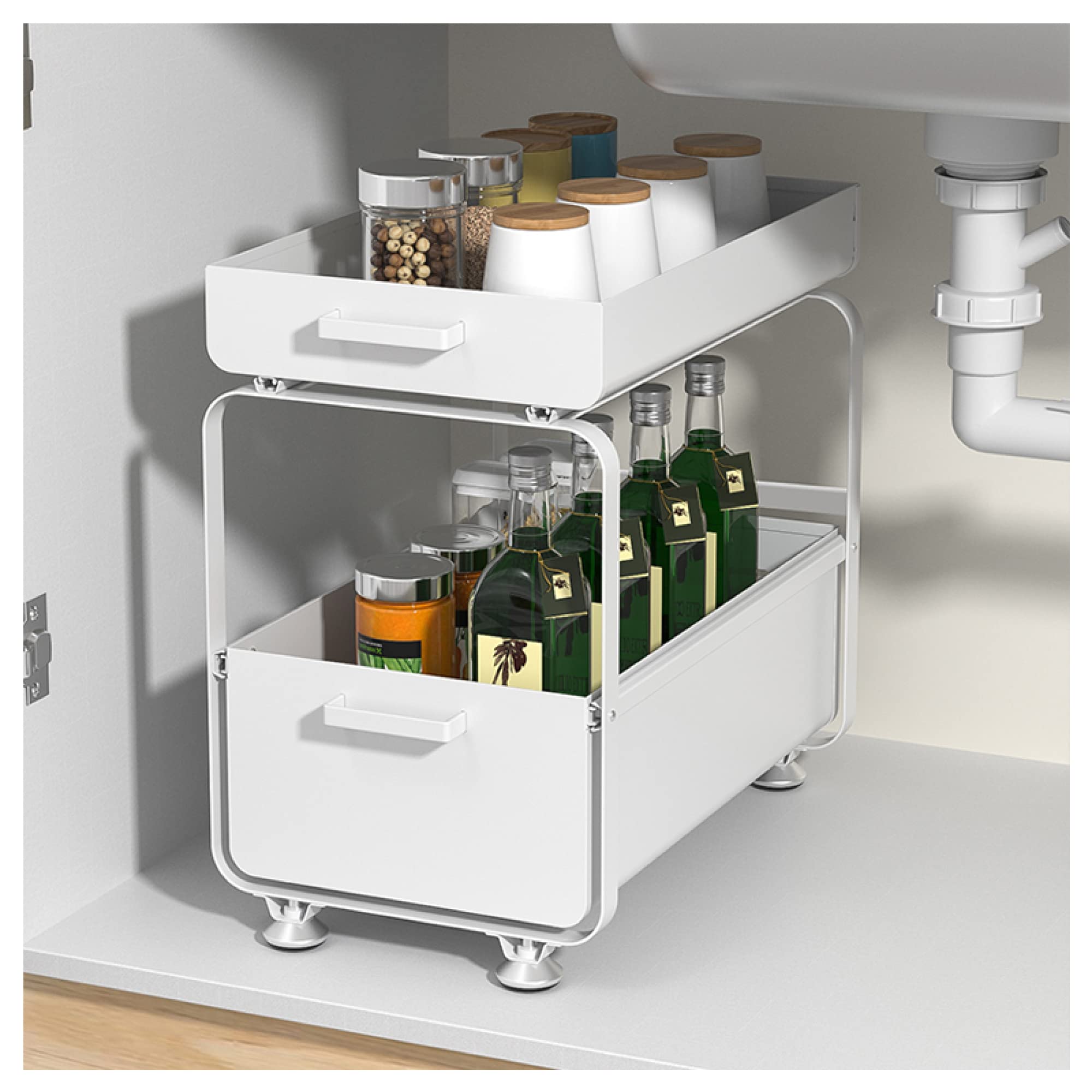 Organizer da Cucina Push And Pull Organizer Sottolavello - 2 Ripiani in Metallo Scorrevoli per Armadietti, Cassetti - Mensola Angolare per Cucina E Bagno - Carico 20 kg/4, Bianco