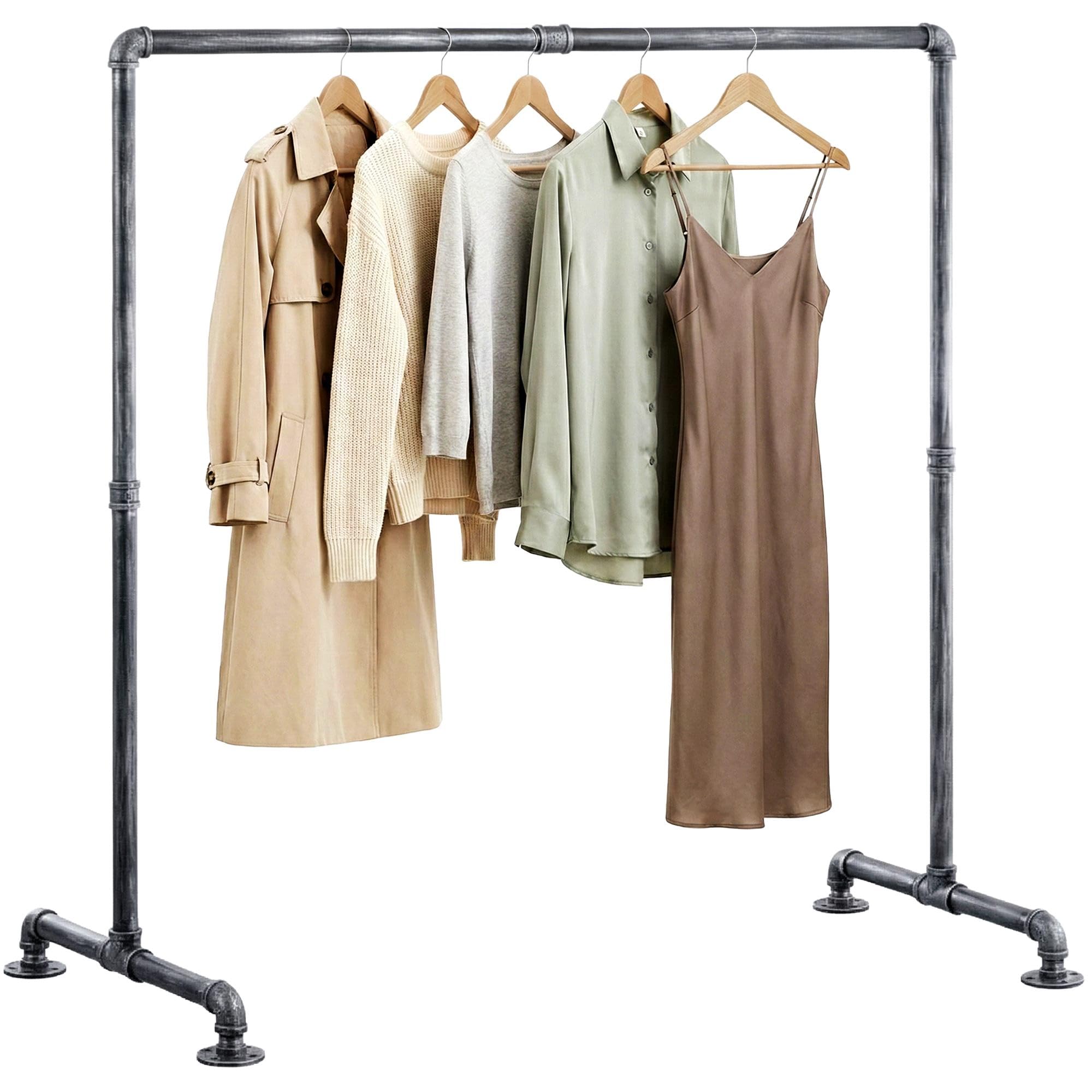 CLP Portant a Vetements Jersey Stable, autoportant, Largeur reglable, Barre en Metal Style Industriel, Porte-Manteaux, Couleur:Argent, Taille:150 cm