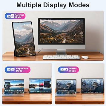 Portable Monitor 16 Inch 1200P FHD Laptop Screen Extender, Horizontal Vertical Monitors with Detachable Stand, Built-in Speakers, Travel Gaming Monitor