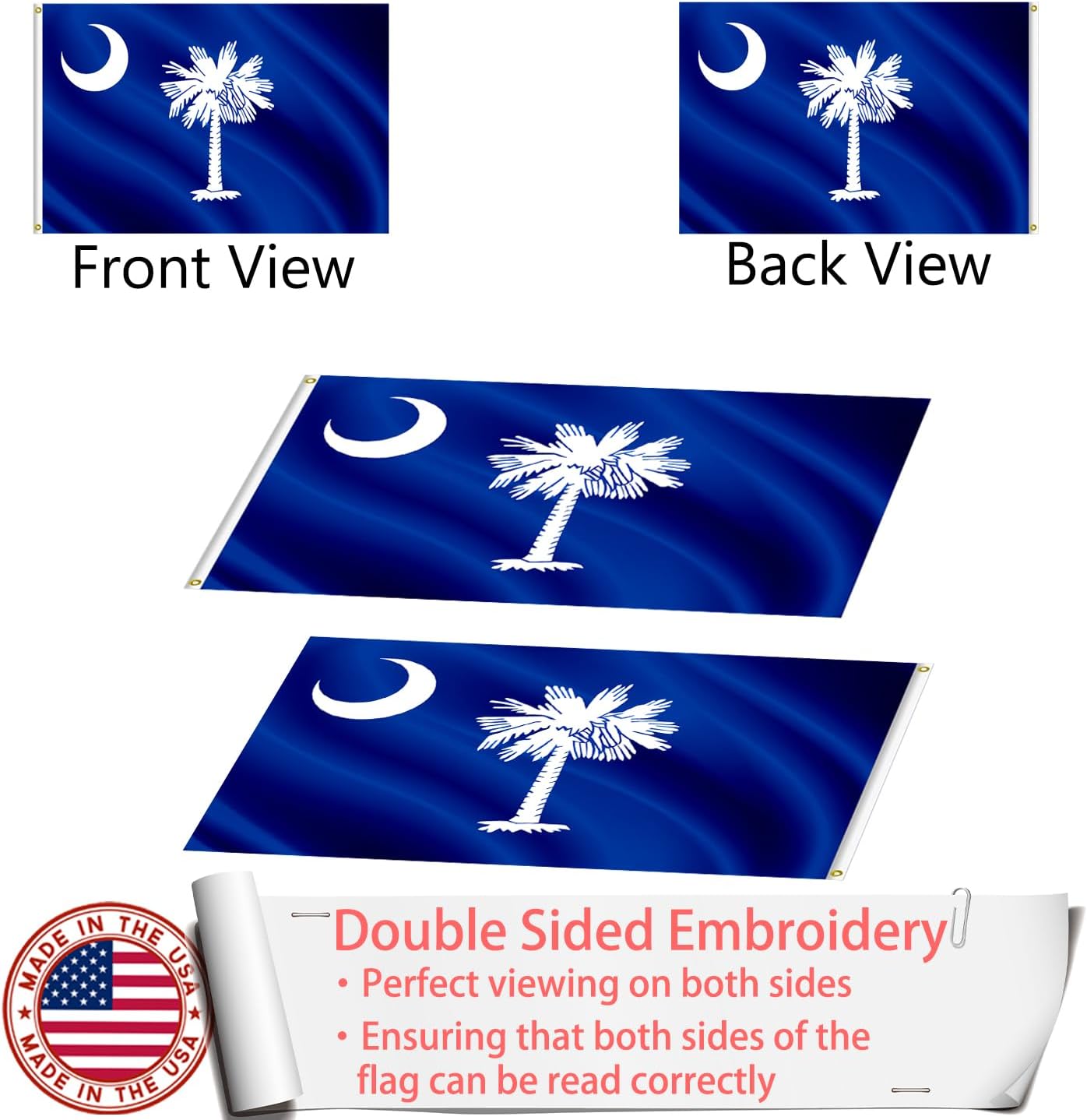 Embroidered South Carolina Flag 3x5 Outdoor Made in USA - Double Sided Heavy Duty Vivid Color South Carolina SC Flags with 2 Brass Grommet - Image 4